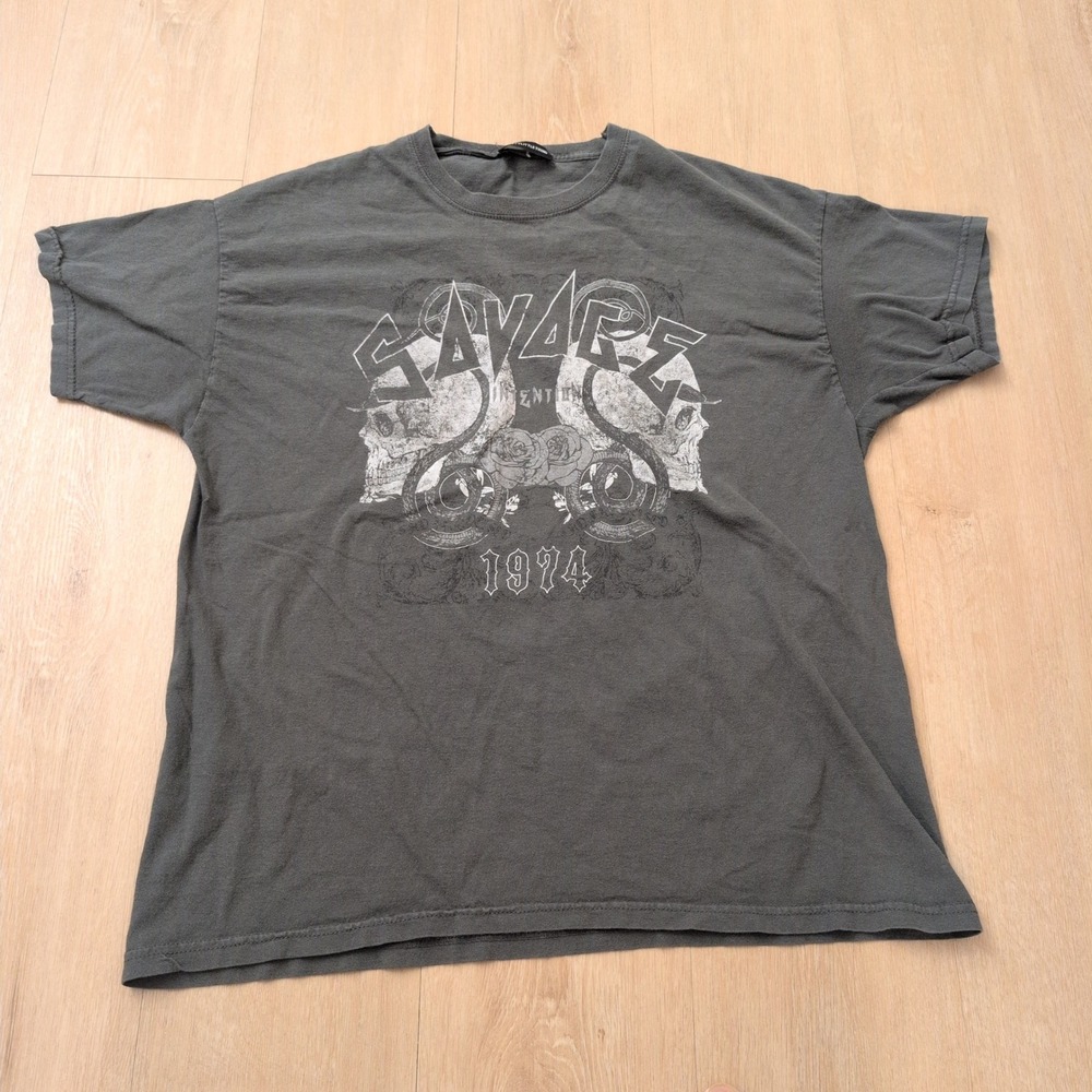 PrettyLittleThing Savage Intention 1974 Graphic T-Shirt Charcoal Grey Mens L